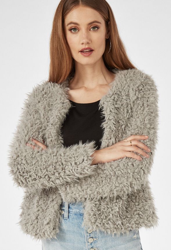 Open Front Faux Fur Jacket in Gray - Get great deals at JustFab