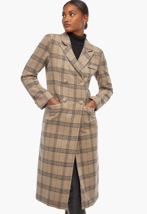 Double Breasted Plaid Coat Clothing in Taupe Multi - Get great deals at ...