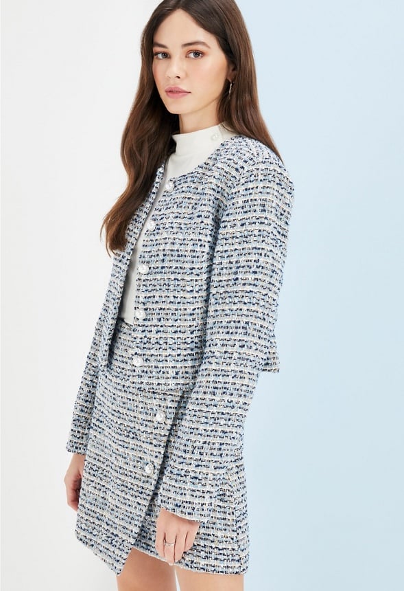 Button Front Tweed Jacket Clothing in Blue Multi - Get great deals at ...