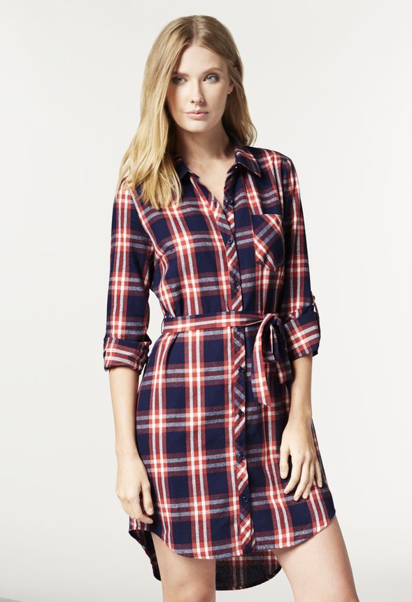 Flannel Shirt Dress in Navy/Multi - Get great deals at JustFab