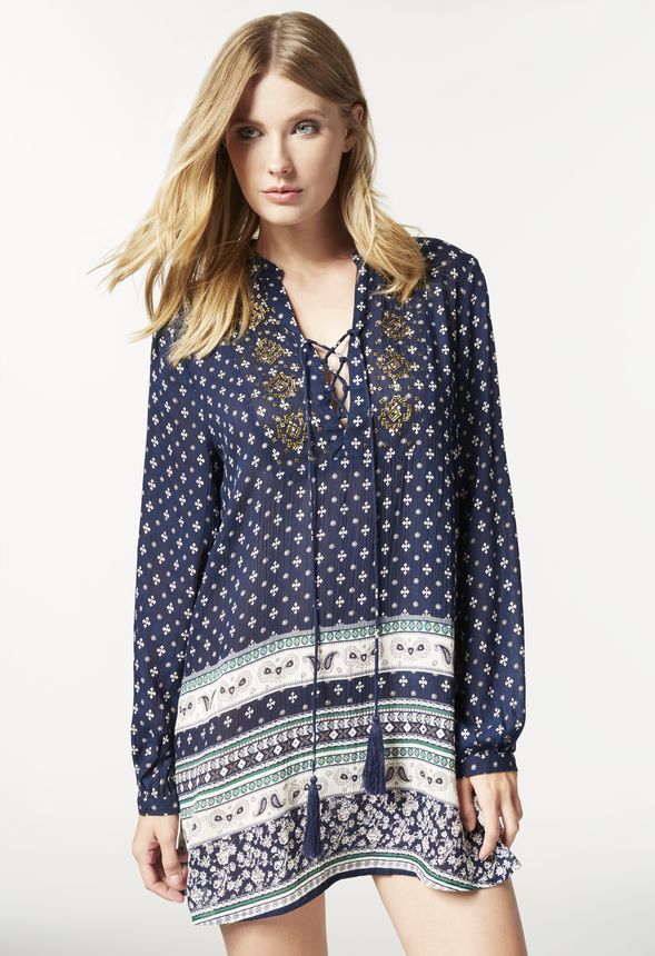 Beaded Laceup Print Dress in Blue Multi - Get great deals at JustFab