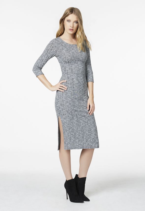 Ribbed Midi Slit Sweater Dress in Grey Multi - Get great deals at JustFab