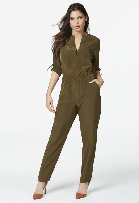 Mandarin Collar Jumpsuit in MILITARY OLIVE - Get great deals at JustFab