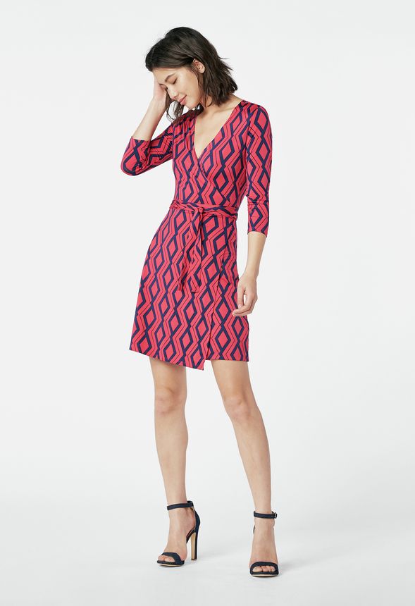 3/4 Sleeve Wrap Dress in Bright Rose Multi - Get great deals at JustFab