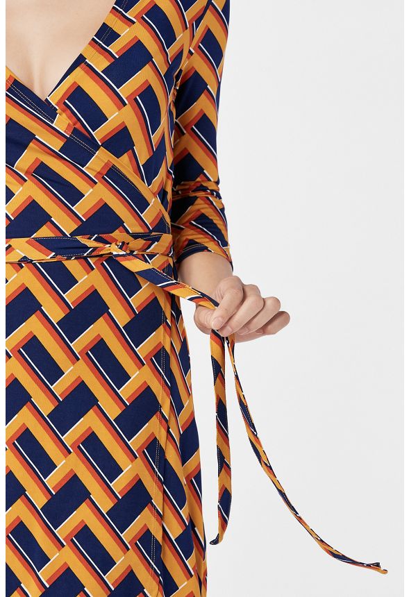 3/4 Sleeve Wrap Dress in Dark Indigo Multi - Get great deals at JustFab