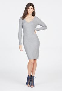 V-Neck Ribbed Sweater Dress in Heather Cappuccino - Get great deals at ...