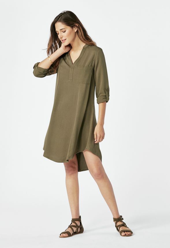 Shift Roll-Tab Shirt Dress in Dark Olive - Get great deals at JustFab
