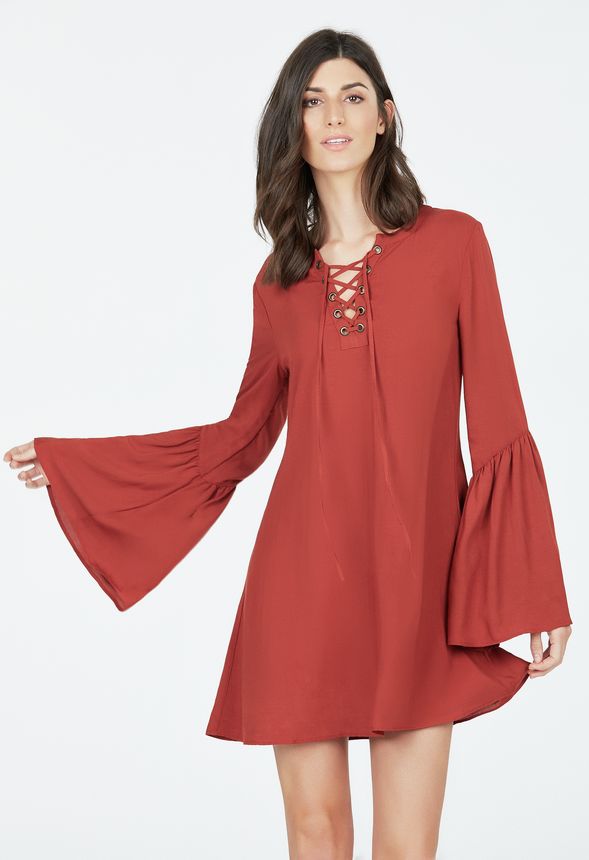 Bell Sleeve Lace-Up Swing Dress