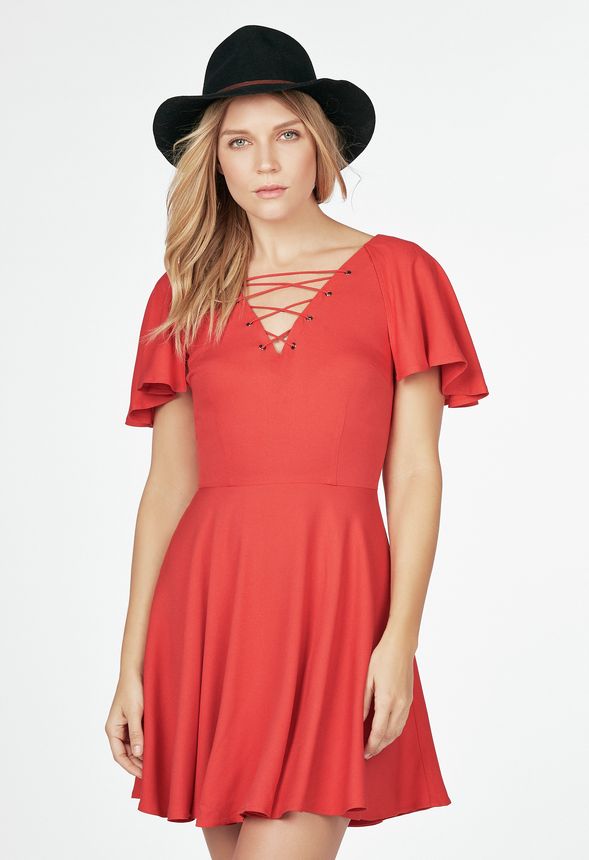 Ruffle Sleeve Lace-Up Dress in Danger Red - Get great deals at JustFab