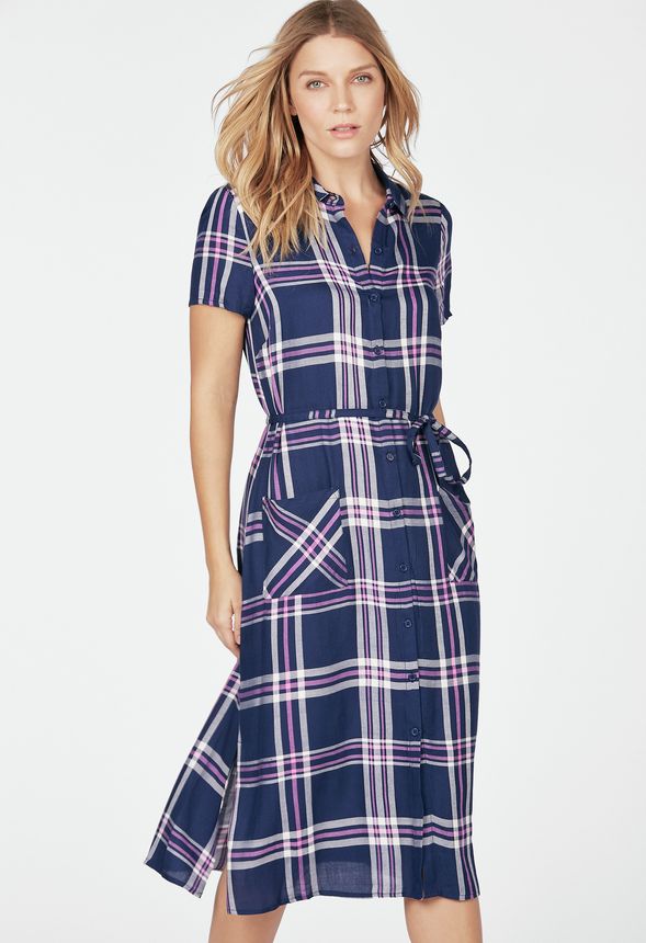 Plaid Midi Shirt Dress in INDIGO MULTI - Get great deals at JustFab