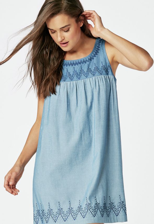 Embroidered Chambray Dress in Blue Bell - Get great deals at JustFab