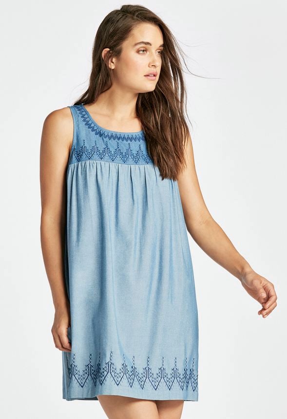 Embroidered Chambray Dress In Blue Bell - Get Great Deals At JustFab