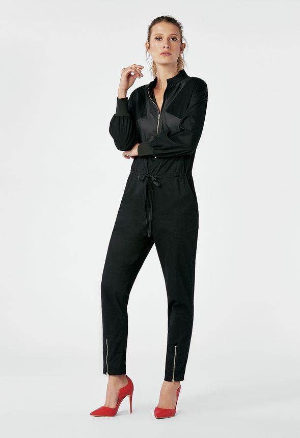 Mixed Fabric Jumpsuit in Black Get great deals at JustFab