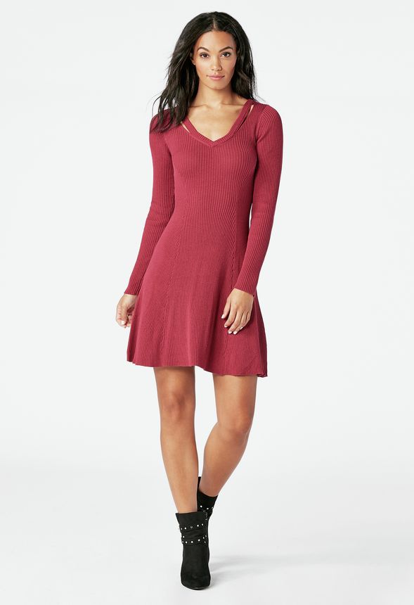 Cutout Fit & Flare Sweater Dress in Red Velvet - Get great deals at JustFab