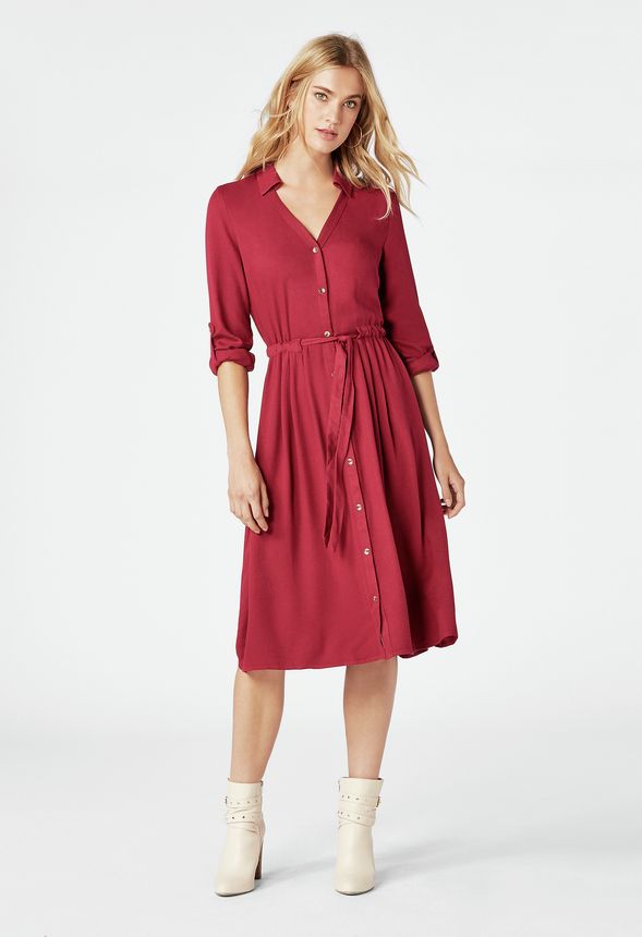 red midi shirt dress