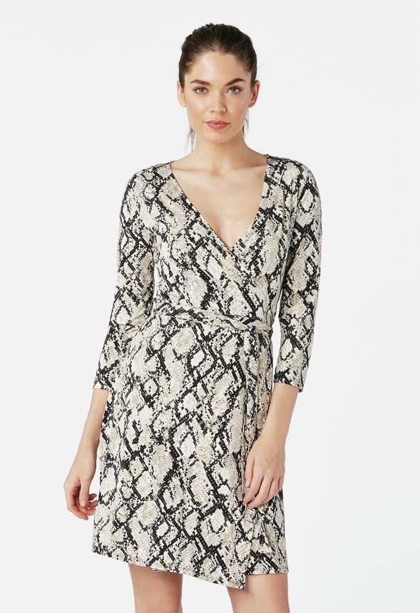 3/4 Sleeve Wrap Dress in Black/ Snake - Get great deals at JustFab