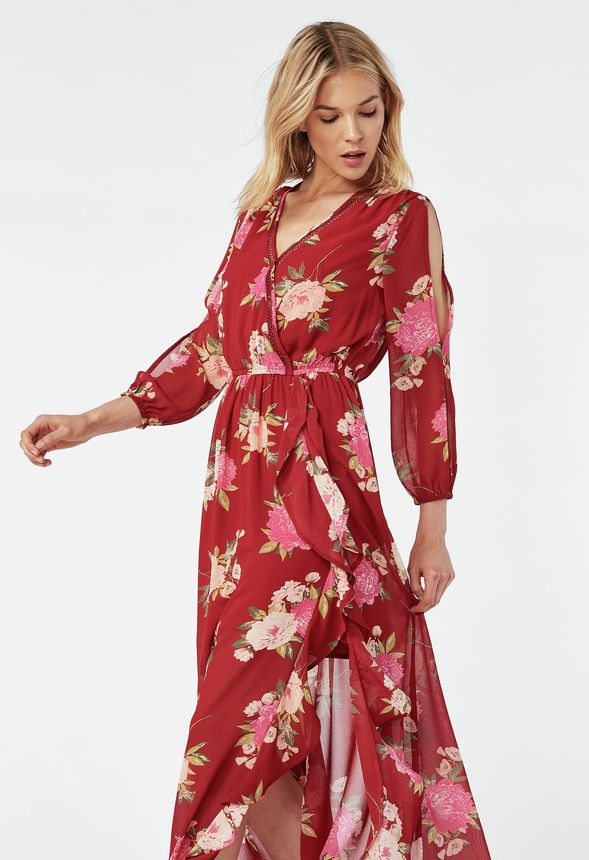Ruffle Front Maxi Dress in CHILI PEPPER MULTI - Get great deals at JustFab