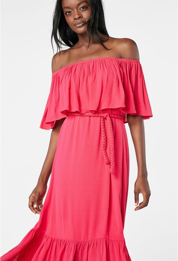 Ruffle Off Shoulder Dress in Bright Rose - Get great deals at JustFab