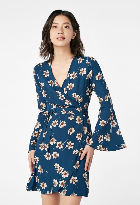 Long Sleeve Wrap Floral Dress in Blue Multi - Get great deals at JustFab