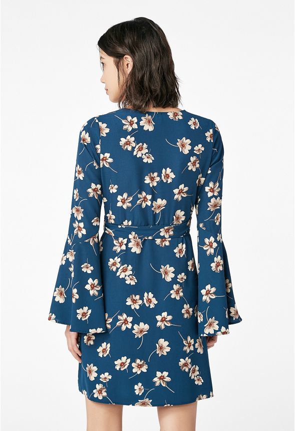 Long Sleeve Wrap Floral Dress in Blue Multi - Get great deals at JustFab