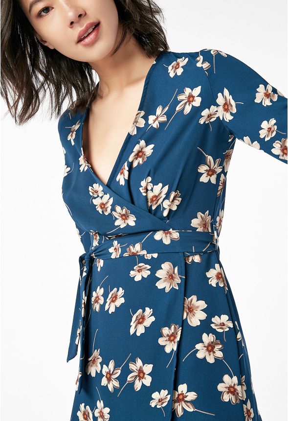 Long Sleeve Wrap Floral Dress in Blue Multi - Get great deals at JustFab