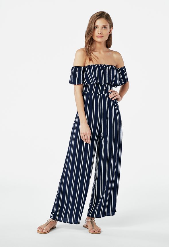 Comaba Womens Long Sleeve Striped High Rise Off-Shoulder Flared Jumpsuits 