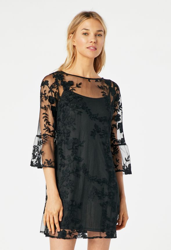 Floral Embroidered Dress in Black - Get great deals at JustFab