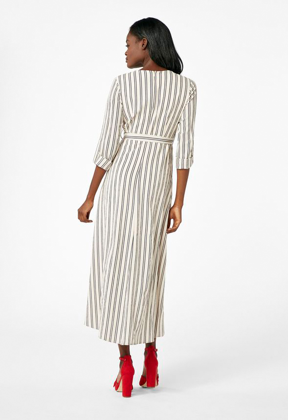 Stripe Long Sleeve Wrap Dress in Cream - Get great deals at JustFab