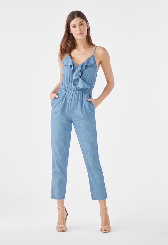 Chambray Ruffle Crop Jumpsuit in CHAMBRAY - Get great deals at JustFab