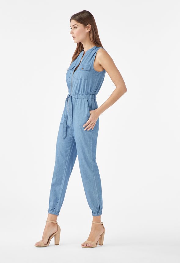 Sleeveless Zipper Jumpsuit in CHAMBRAY - Get great deals at JustFab