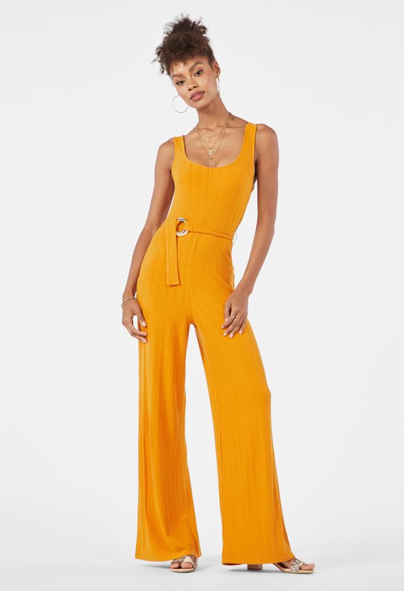 Rib Knit Belted Jumpsuit in GOLDEN OAK - Get great deals at JustFab