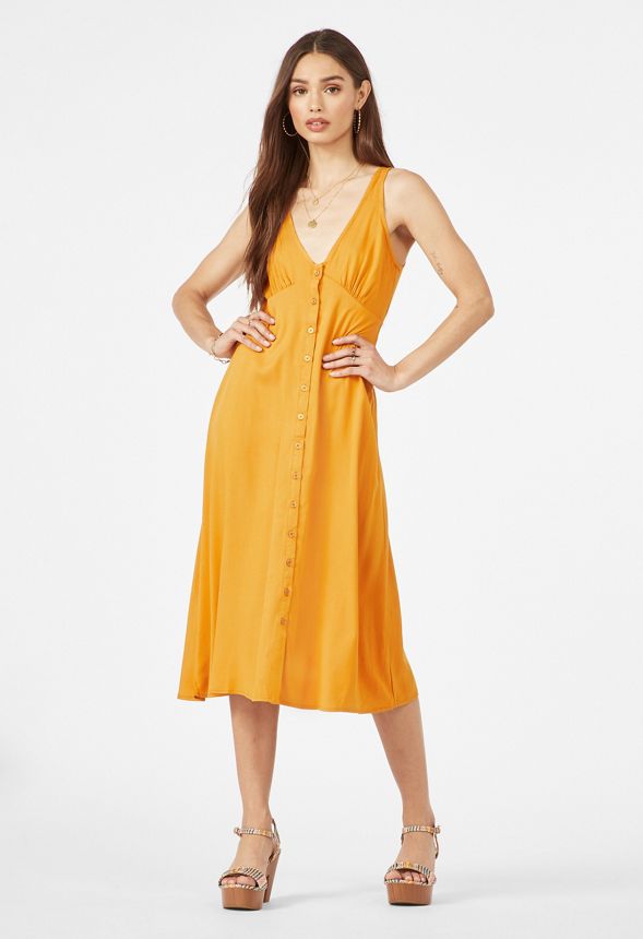 Button Front Midi Dress in GOLDEN OAK - Get great deals at JustFab