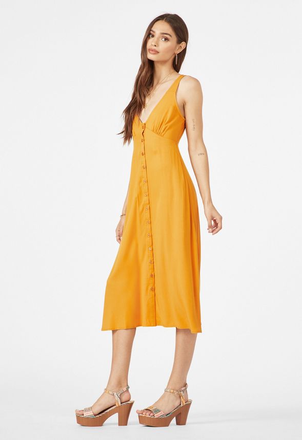 Button Front Midi Dress in GOLDEN OAK - Get great deals at JustFab