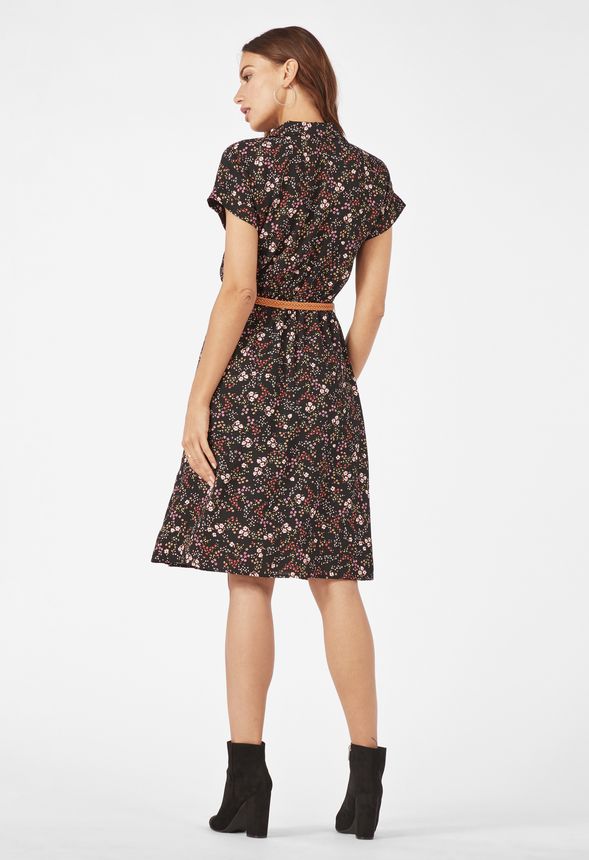 Belted Knee Length Shirt Dress in Black Multi - Get great deals at JustFab