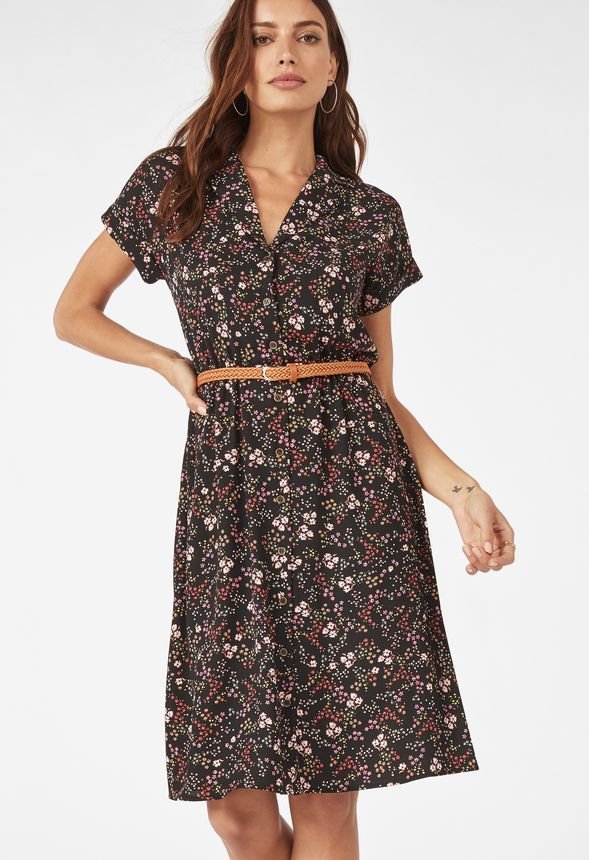 Belted Knee Length Shirt Dress in Black Multi - Get great deals at JustFab