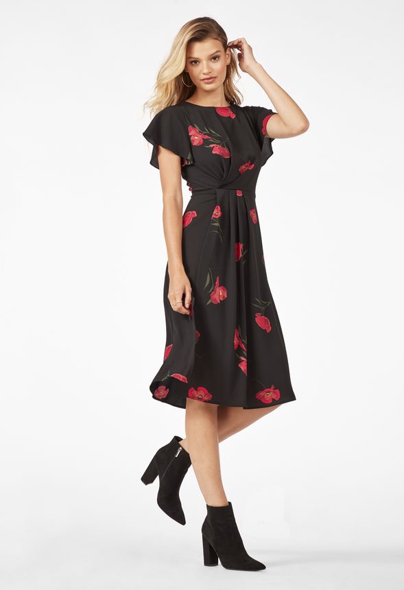 Flutter Sleeve Midi Dress In Black Multi Get Great Deals At Justfab