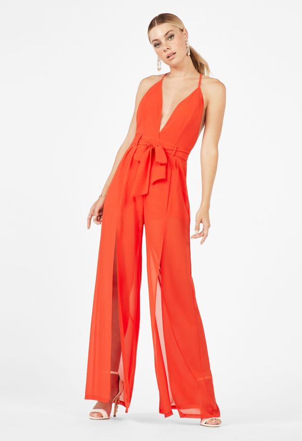 Plunging Neckline Jumpsuit in Tomato - Get great deals at JustFab