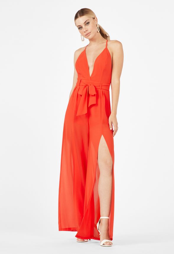 Plunging Neckline Jumpsuit in Tomato - Get great deals at JustFab