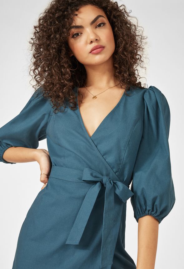 Puff Sleeve Linen Wrap Dress in Teal - Get great deals at JustFab