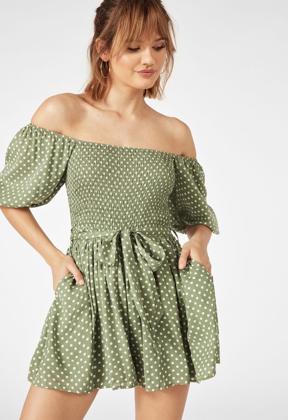 Polka Dot Puff Sleeve Romper In Olive Get Great Deals At Justfab 1763