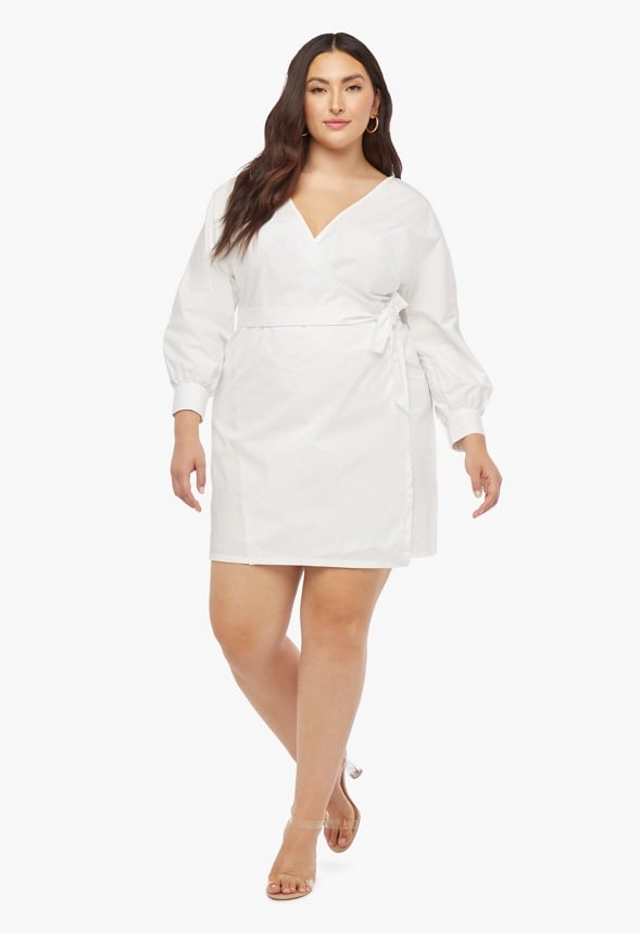 Poplin Wrap Dress Plus Size in White - Get great deals at JustFab