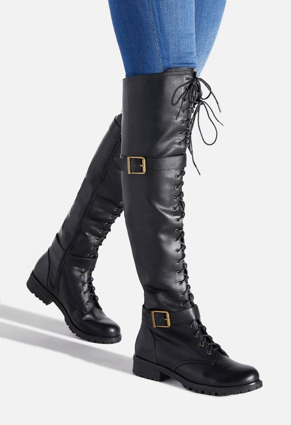 Piper Thigh-High Combat Boot in Black Onyx - Get great deals at JustFab
