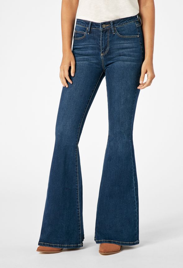 High Waisted Super Flare Jeans in Moody Blue - Get great deals at JustFab