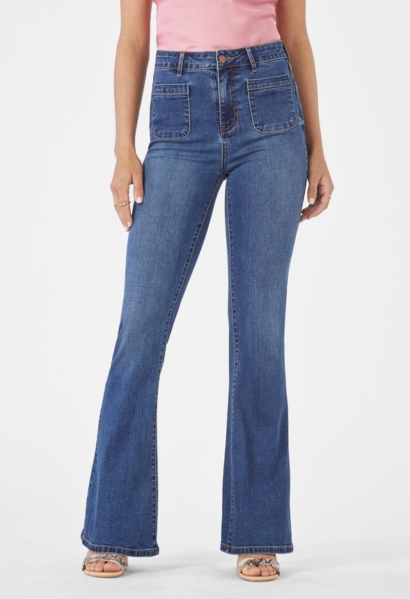Patch Pocket Flare Jeans in Bohemian Blue - Get great deals at JustFab