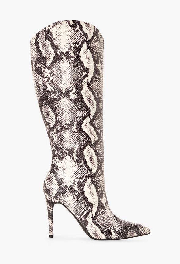 Caterina Heeled Boot in White/ Black Snake - Get great deals at JustFab