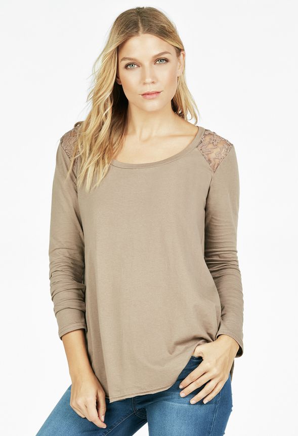 Lace Embellished Knit Top in Mocha - Get great deals at JustFab