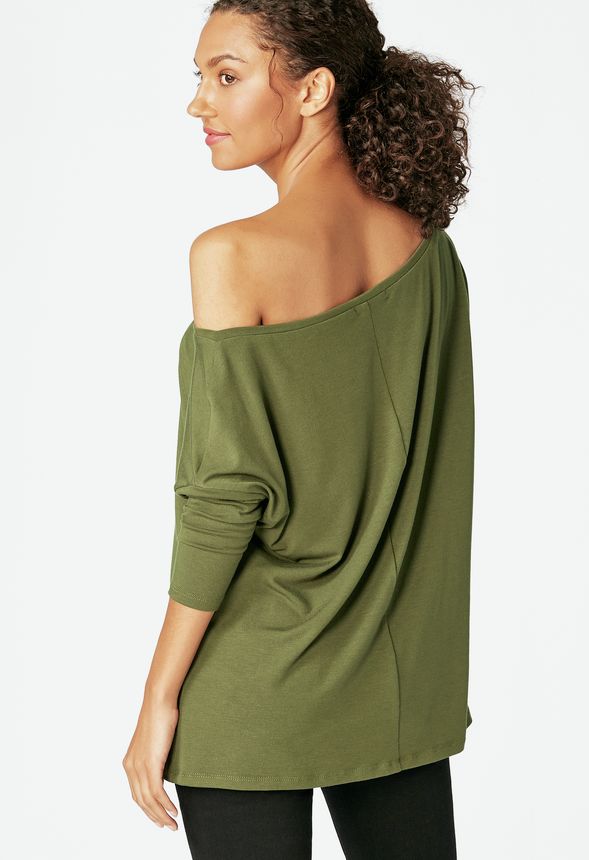 Slouchy Off Shoulder Tee in dark olive - Get great deals at JustFab