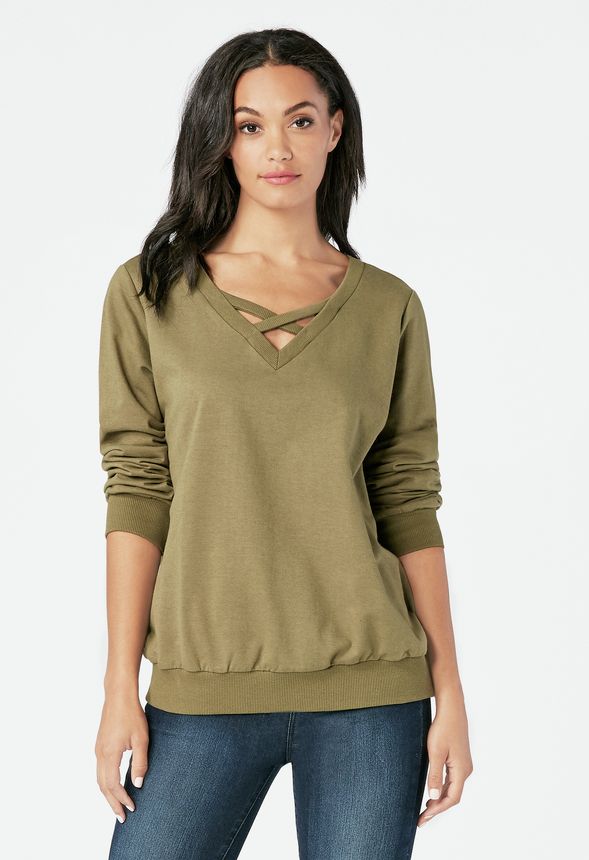 Cross Front Sweatshirt in Olive - Get great deals at JustFab