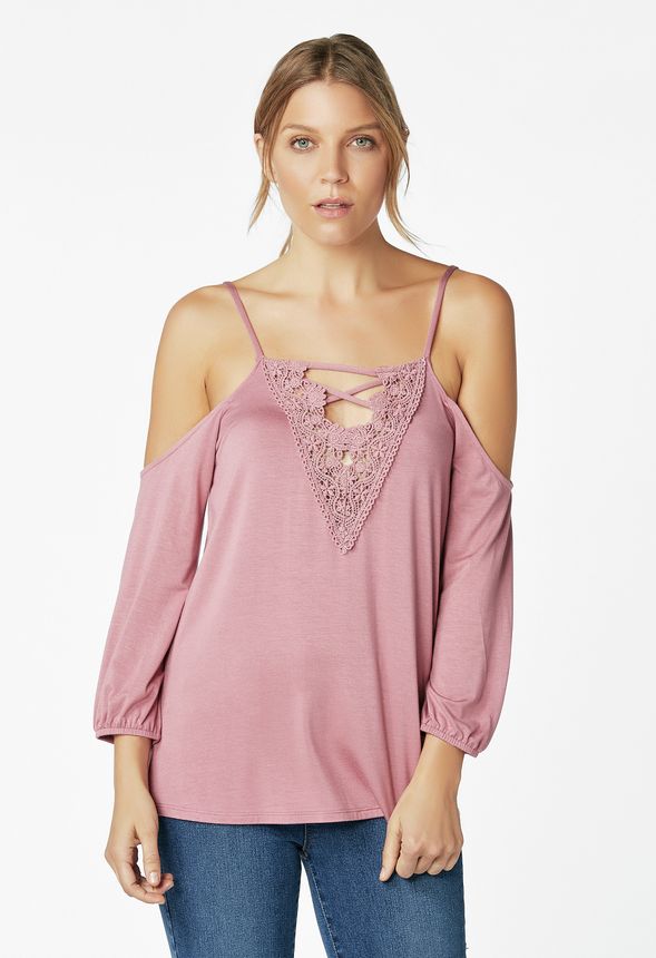 Cold Shoulder Lace Top in Pink Mauve - Get great deals at JustFab