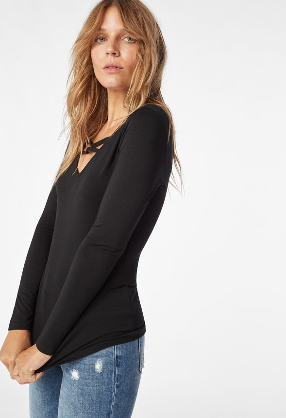Cut Out V-Neck Top in Black - Get great deals at JustFab